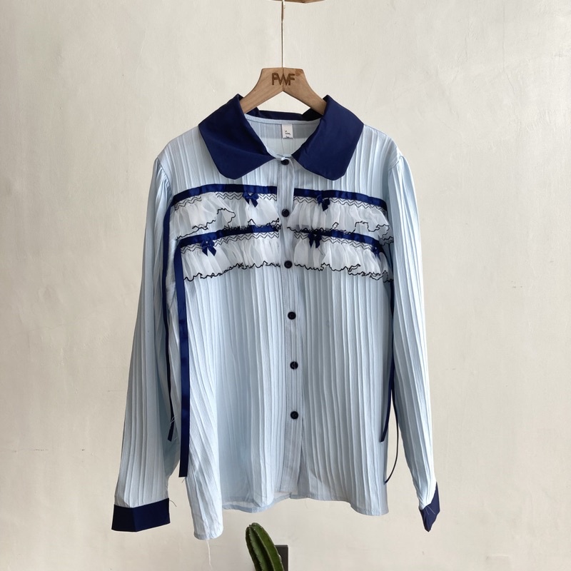 Blueberry Ruffle Blouse / Atasan Kemeja Biru Ruffle Import