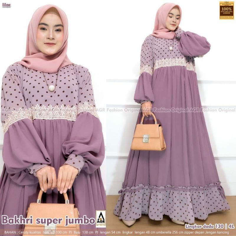 Baju Gamis Polka Polos Ceruty Jumbo Lengan Balon Bakhri Dress Super Jumbo