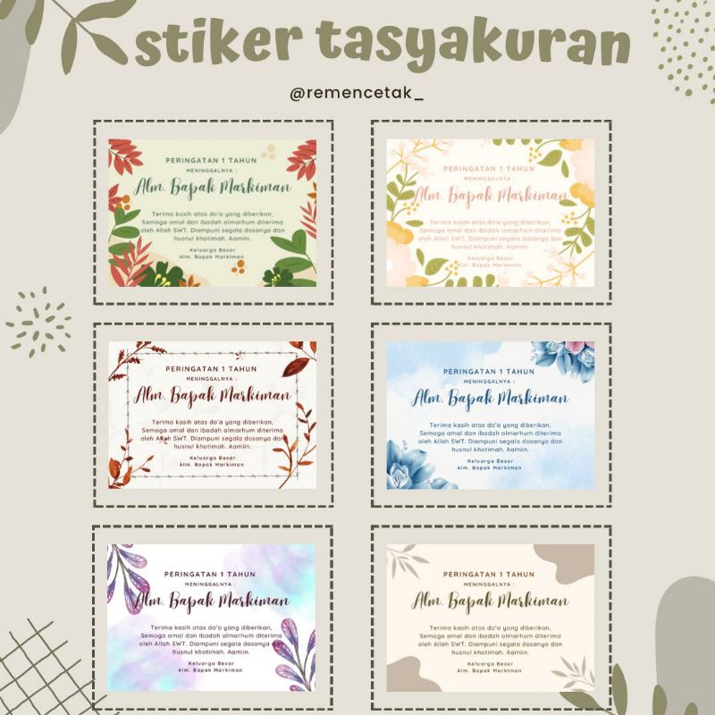KARTU UCAPAN / STICKER MENGENANG 40 HARI/ 100 HARI/ 1000 HARI TAHLIL