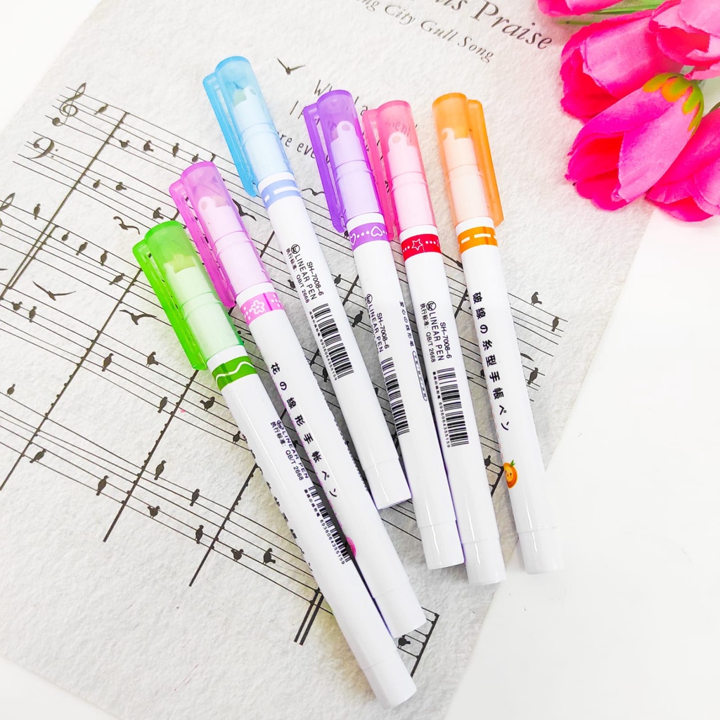 STABILO LINEAR COLOR PEN BERMOTIF 1 BOX DAPAT 6 PCS KODE SH-7008-6 ALAT TULIS UNIK MURAH HIGHLIGHTER PASTEL WARNA WARNI