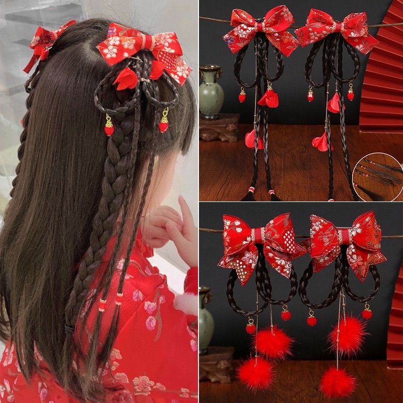 DELUNASHOP SET JEPIT RAMBUT CHINA HANFU MODEL KIPAS BULU BULU FASHION ANAK PITA QIPAO MERAH