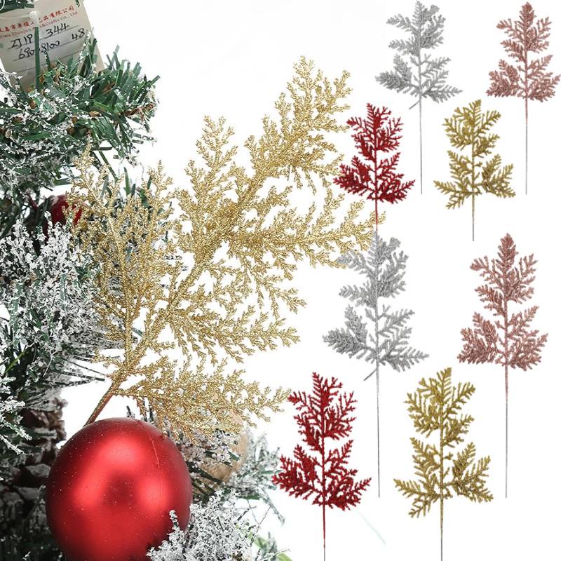 Tanaman Artifisial Pinus Cabang Dekorasi Natal 5 Pcs Glitter Daun Emas Untuk Perlengkapan Rumah Navidad Tahun Baru Pohon Natal Gantung Ornamen Bunga