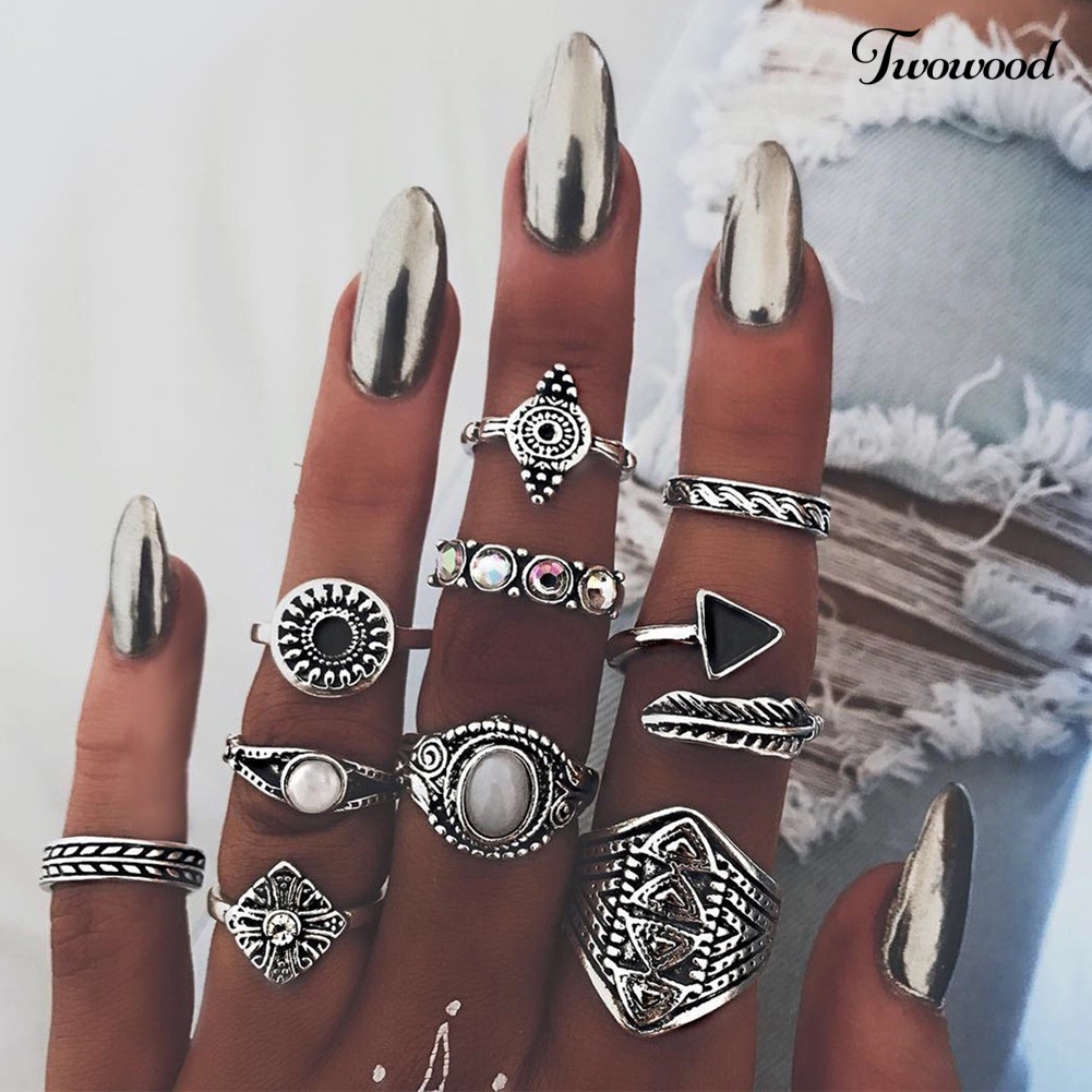 Twowood 10Pcs / Set Cincin Buku Jari Aneka Bentuk Gaya Boho Retro Untuk Wanita