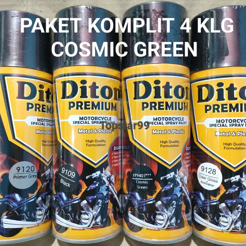 Pilok Cat Diton Premium Paket Lengkap 4 Kaleng Cosmic Green Hijau Xirallic Xiralic 9401 Primer Grey 9120 Black 9109 Clear Gloss 9128 400cc Pilox Paketan Cat Semprot Special Spray Paint