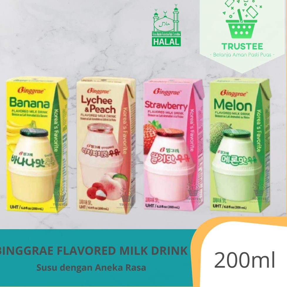 

げ BINGGRAE MILK BANANA / MELON / STRAWBERRY / LYCHEE & PEACH - Susu Banana Korea Import Bingrae 200ml LOGO HALAL ₲