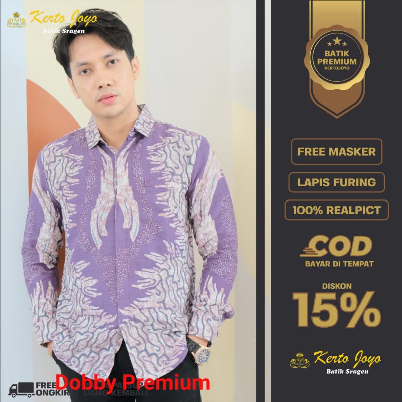 Kemeja Batik Pria Slimfit Bahan Dobby Premium Lengan Panjang Halus Motif Abtrak Hitam Kertojoyo