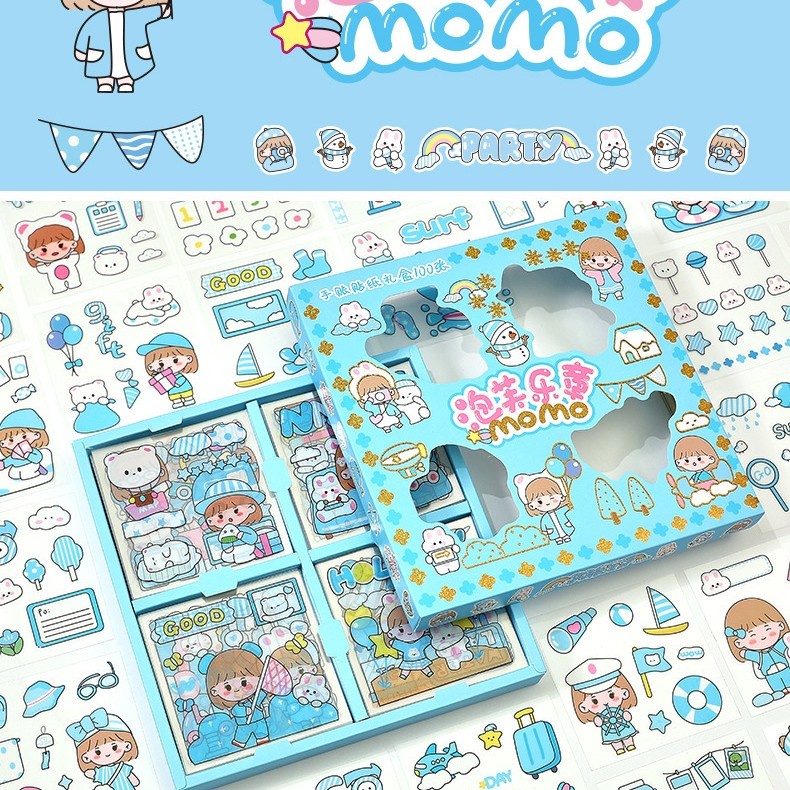 isi 100 PCS Stiker MOMO Motif Kartun Korea Lucu Anti Air Bahan PET