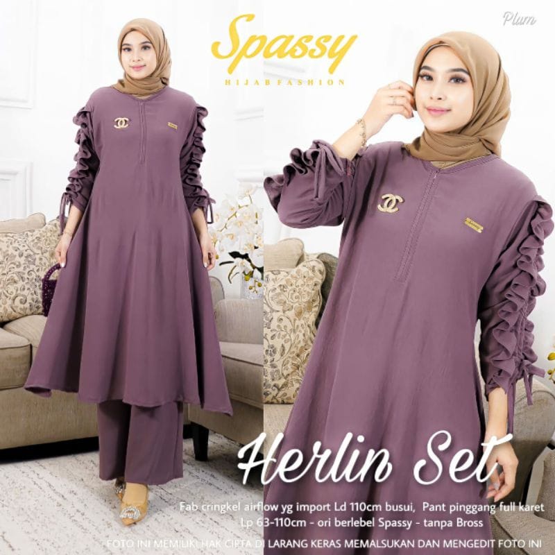 Setelan Wanita Terbaru Herlin Set Baju Putih Long Tunik Muslim Celana Panjang One Set Wanita Kekinian Matt Cringkle AirFlow