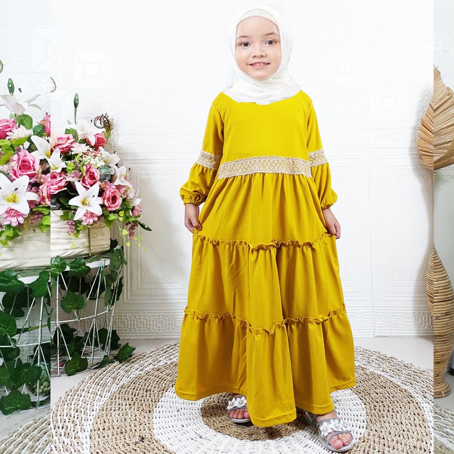 CARLINA MAHIRA ANAK MUSLIMAH DRESS 3 SUSUN RENDA PINGGANG LENGAN BALON 2-13tahun