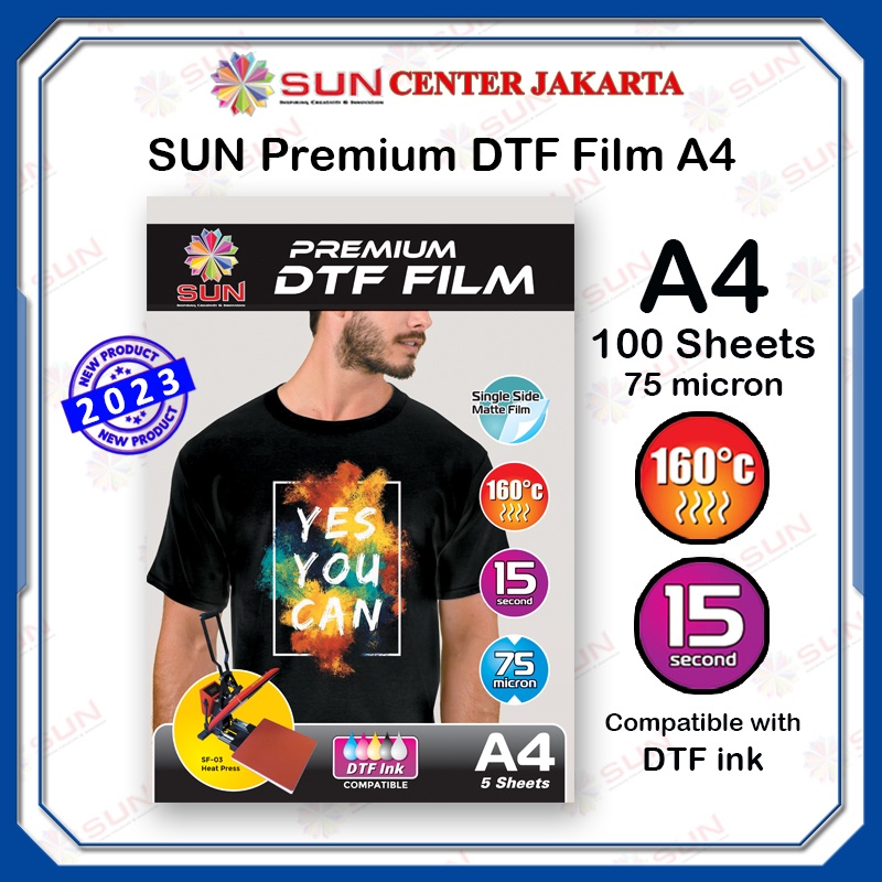 

Kertas Film Sablon DTF Transfer Paper A4 75 micron - SUN Premium DTF Film A4 isi 100 Lembar ( untuk mesin press kaos, keramik, piring, topi, plat alumium, puzzle, bantal )