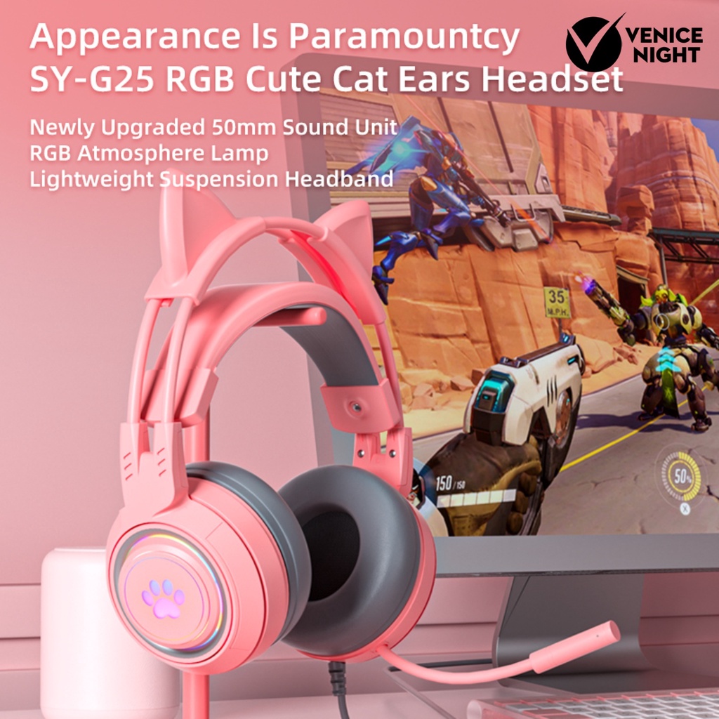 (VNEP) (Berkabel) SY-G25 Headphone Pencahayaan RGB Omni-directional Mic Over-Ear Komputer Headphone dengan Cute Cat Ear untuk E-sport