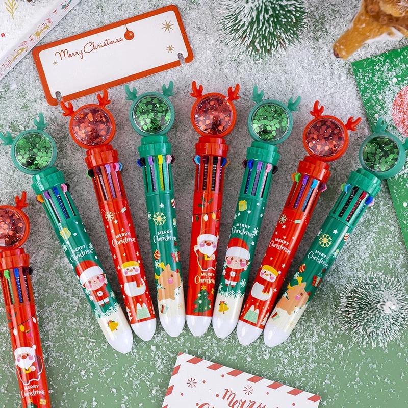 Pulpen 10 Warna 0.5mm Multifungsi Desain Kartun Rusa Natal Untuk Alat Tulis Pelajar