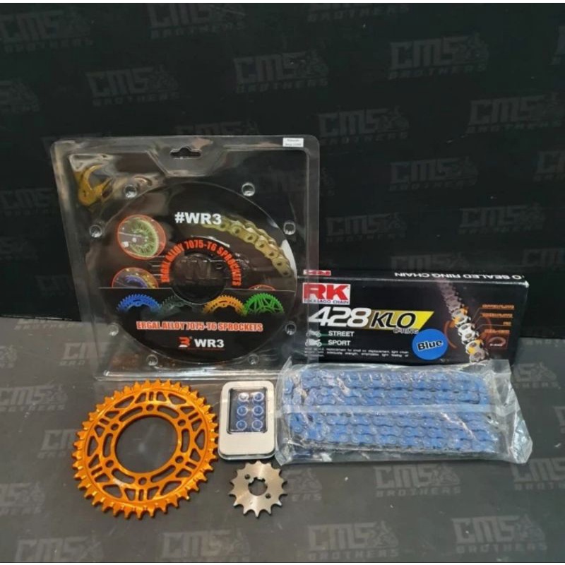 Paketan Kawasaki Ninja RRRantai Ek Chain 428-140 KLO
Gear Depan 428-14/15
Gear Belakang 428-39
Mur G