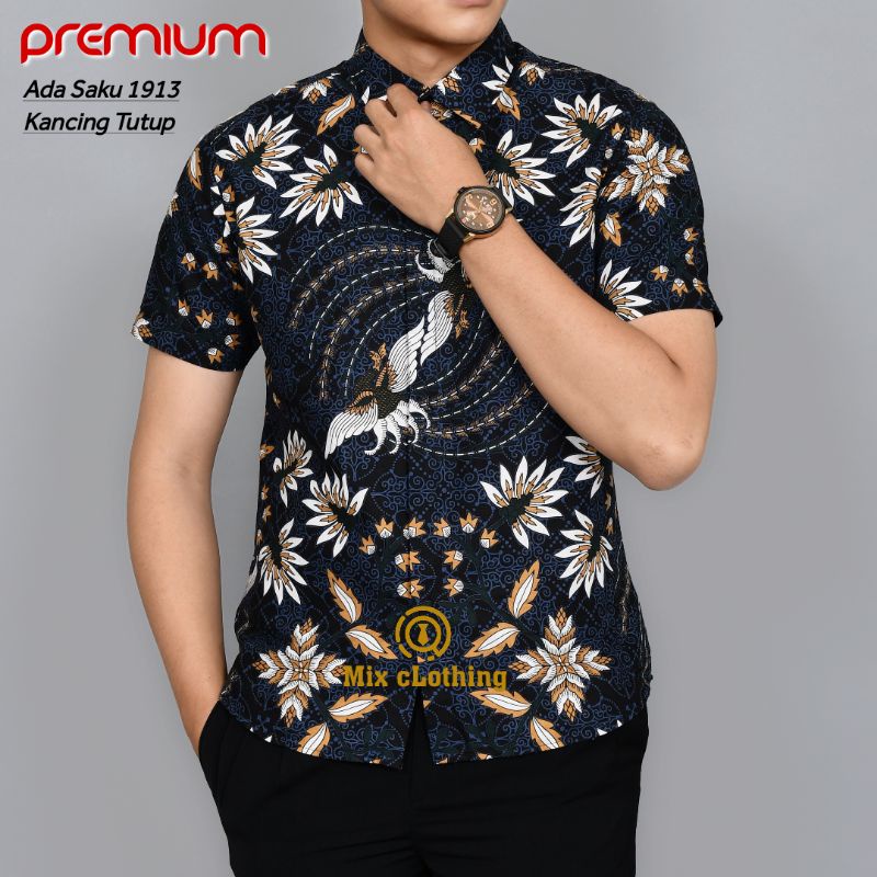 LBS 1584 NAVY HEM KEMEJA BATIK PRIA SLIM FIT LENGAN PENDEK LUIGI BATANI