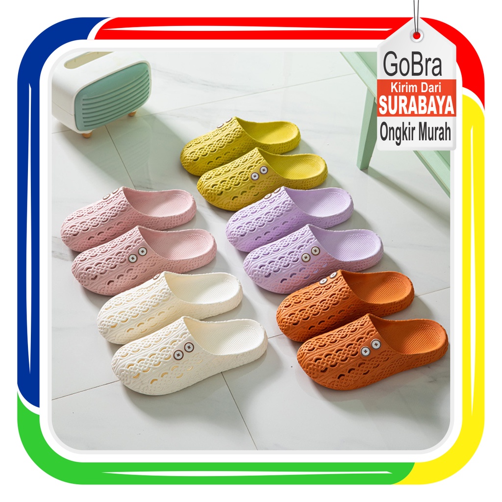 ♕ Gobra ♕ SA017 Sandal EVA Import Motif Polos Lubang Lubang Sepatu Sendal Slop Santai Wanita Karet Rubber Empuk Fashion Korea