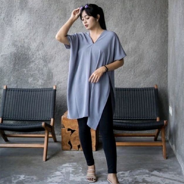 Nina Atasan Long Square Top V Neck Jumbo Crinkle Airflow