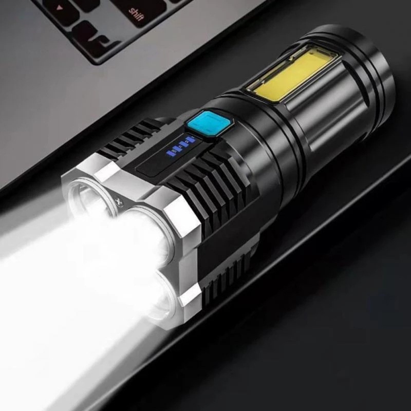 Senter 4 LED + COB super terang Light 4mode rechargeable senter portable Flashlight lampu penerang multifungsi mudah digenggam