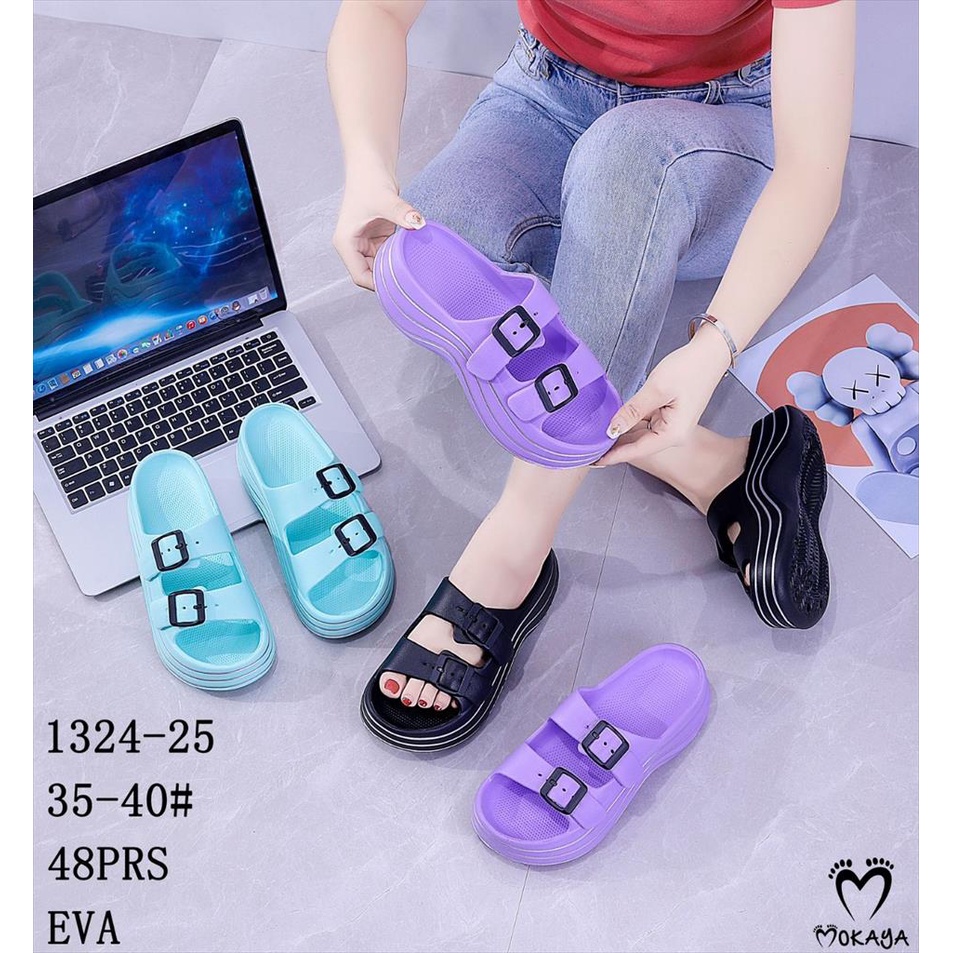 Sandal Slop Wedges Jelly Wanita Ban 2 Gesper Rubber Eva Super Ringan Tebal Keren Trendy Import Mokaya / Size 35-40 (1324-25)