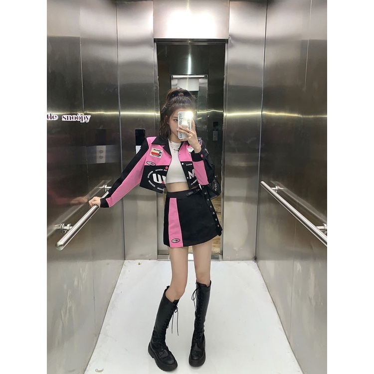 Suhao American Spice Girls Musim Gugur Jas Bisbol Seragam Sepeda Motor Angin Jaket Pendek Wanita + Setengah Tubuh Paket Hip Rok Pendek rok Dua Potong Set