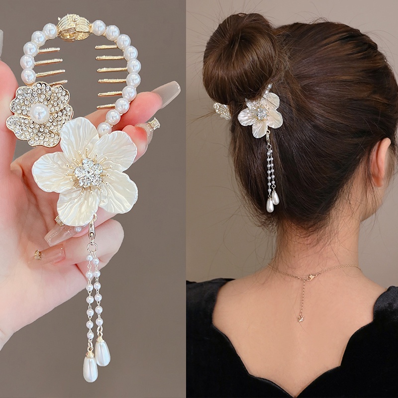 Jepit Rambut Ponytail Bahan Alloy Aksen Mutiara Dan Berlian Imitasi Untuk Wanita