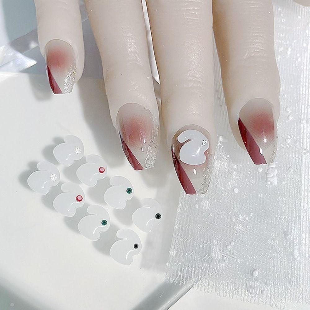 Mxbeauty Jade Rabbit Nail Charms 3D 10pcs Desain Kuku Tahun Baru Dekorasi Kuku Bagian Kuku Kelinci Kuku Rhinestones