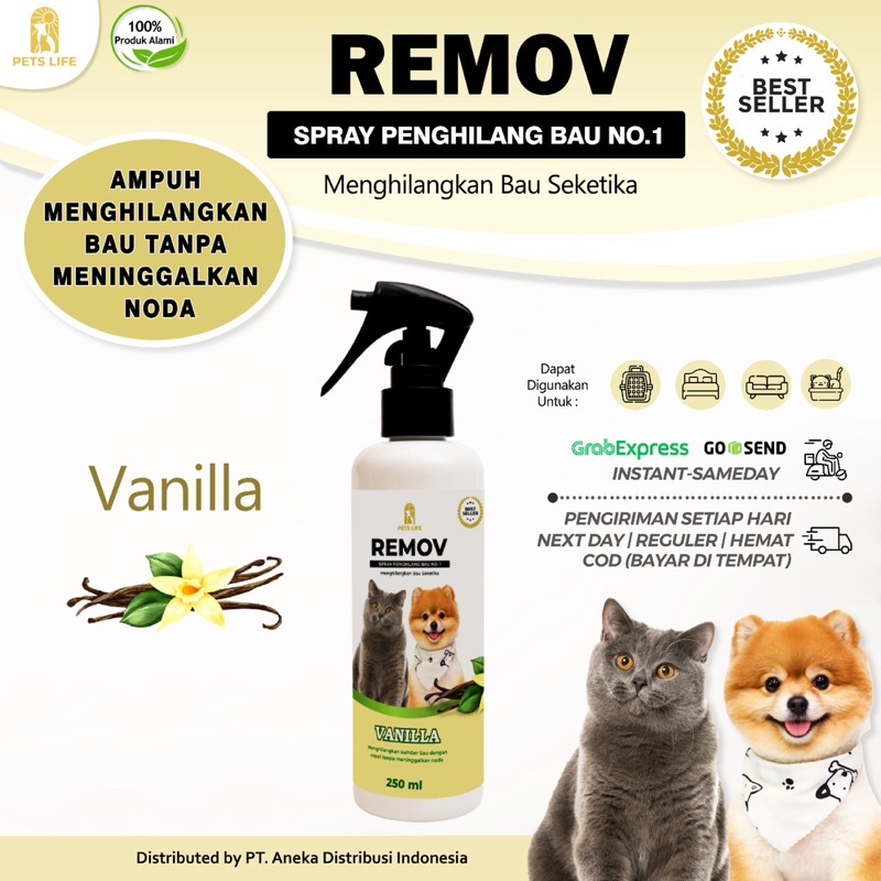 Remov the best no 1 spray anti bacterial penghilang bau pesing dan kotoran kandang kucing anjing 250ml