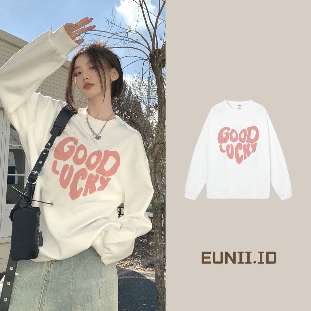 EUNII Sweater Lengan Panjang Pink Lucky English Korean Style/Sweater Crop/Baju Wanita/Switer Wanita