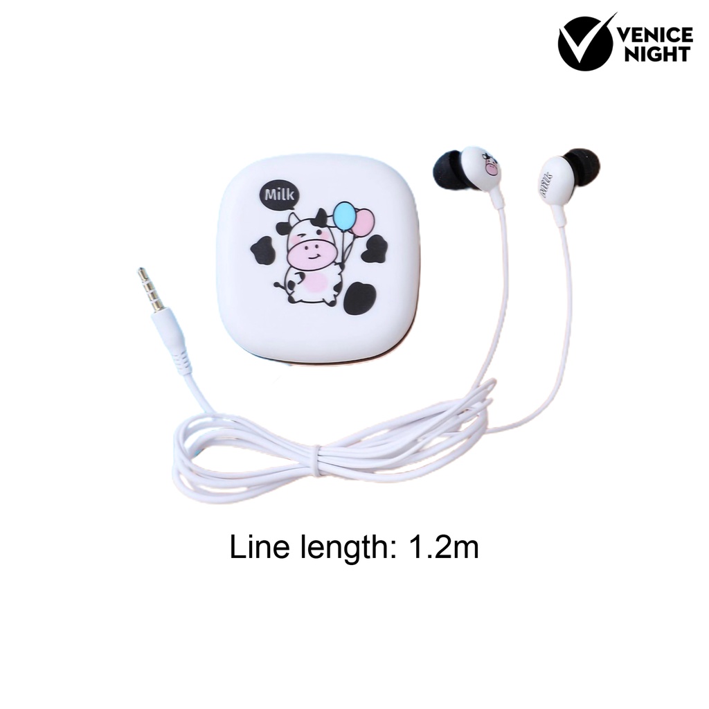 (VNEP) (Berkabel) Earphone Pengurang Kebisingan Universal Lucu 3.5mm Pola Kartun Sapi In-ear Earphone dengan Kotak Penyimpanan untuk Gadis