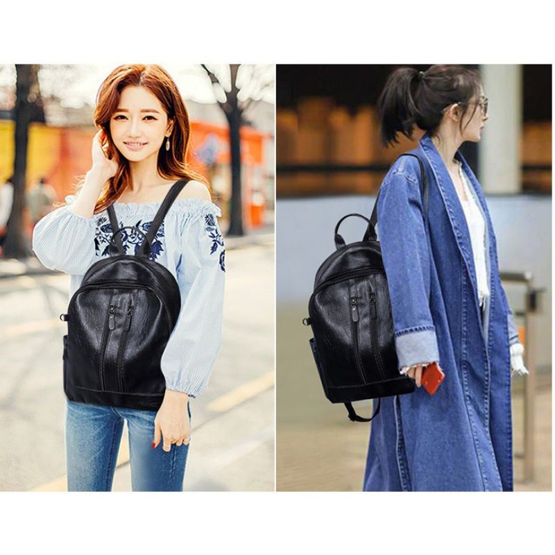 Medan Termurah KD050 Tas wanita import tas leather korean style ransel hitam free gantungan boneka