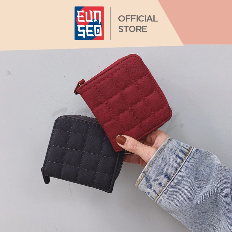 EUNSEO Dompet Premium Wanita Pendek Dompet Quilted Kotak-Kotak Fashion Korea Import