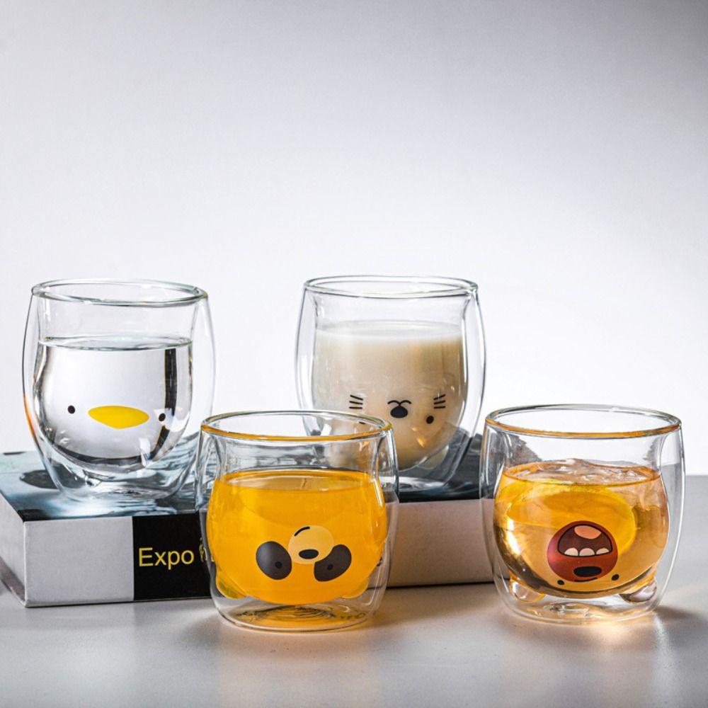 Solighter Animal Double-layer Glass Mug Cangkir Air Anjing Kucing Lucu