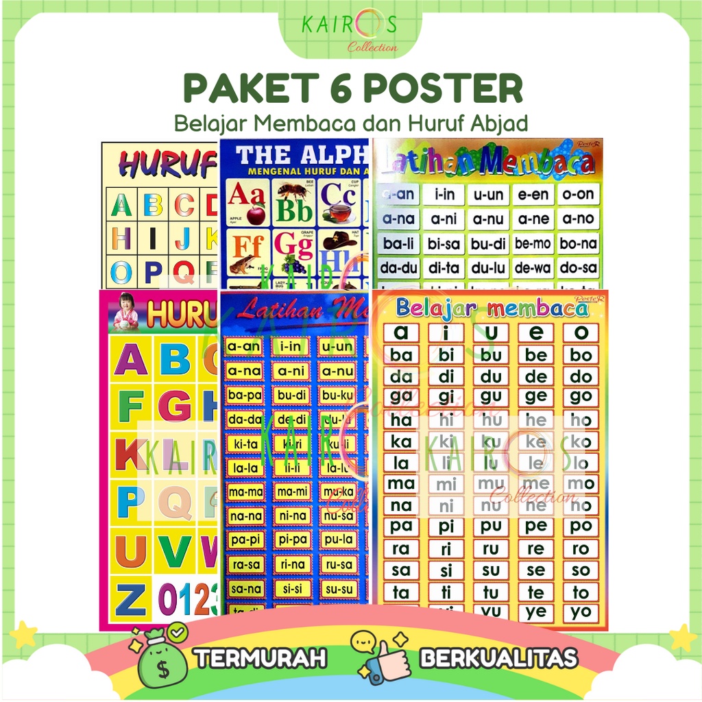 Jual Poster Edukasi Anak Belajar Membaca Dan Huruf Abjad Paket Isi 6 ...