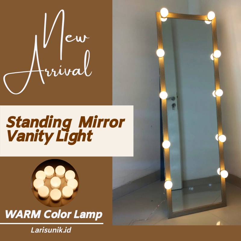 Mirror LED Cermin Standing Besar Lampu Vanity Lamp Dinding Gantung Aesthetic Besar Bingkai Kayu Lampu Bohlam Rias Dandan Make Mek Up Hias Untuk Penghias Kamar Tidur Room Decor Aesthetic  Kaca Miror Besar Berdiri Sebadan Full Body Gede OOTD Mirror