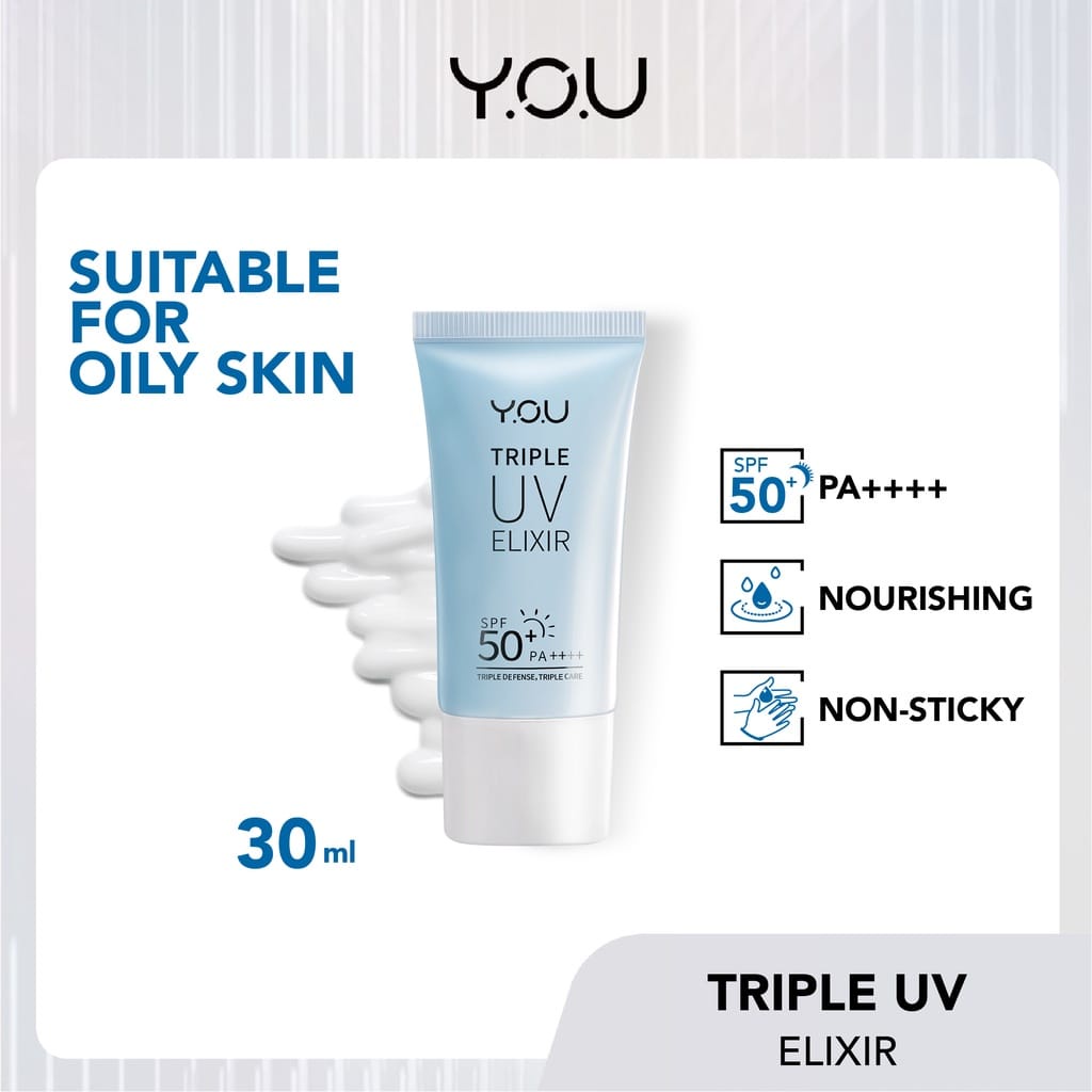 YOU Triple UV Elixir Sunscreen Gel SPF 50+ PA++++ [UVA UVB Blue Light Protection] Sunblock untuk Kulit Berminyak | Tone Up Cream