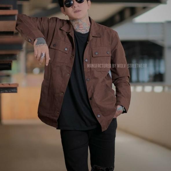 Jaket Trucker Kemeja Semi Parka Wolv Hitam Army Maroon Coklat Premium - Hijau, L
