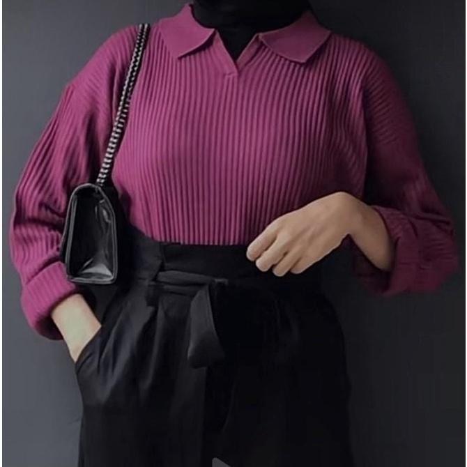 Blouse knit, Blouse Rajut COLLAR. Blouse korea Crop rajut, Atasan Wanita Kerah Polo, Blouse Rajut Model Kerah Polo