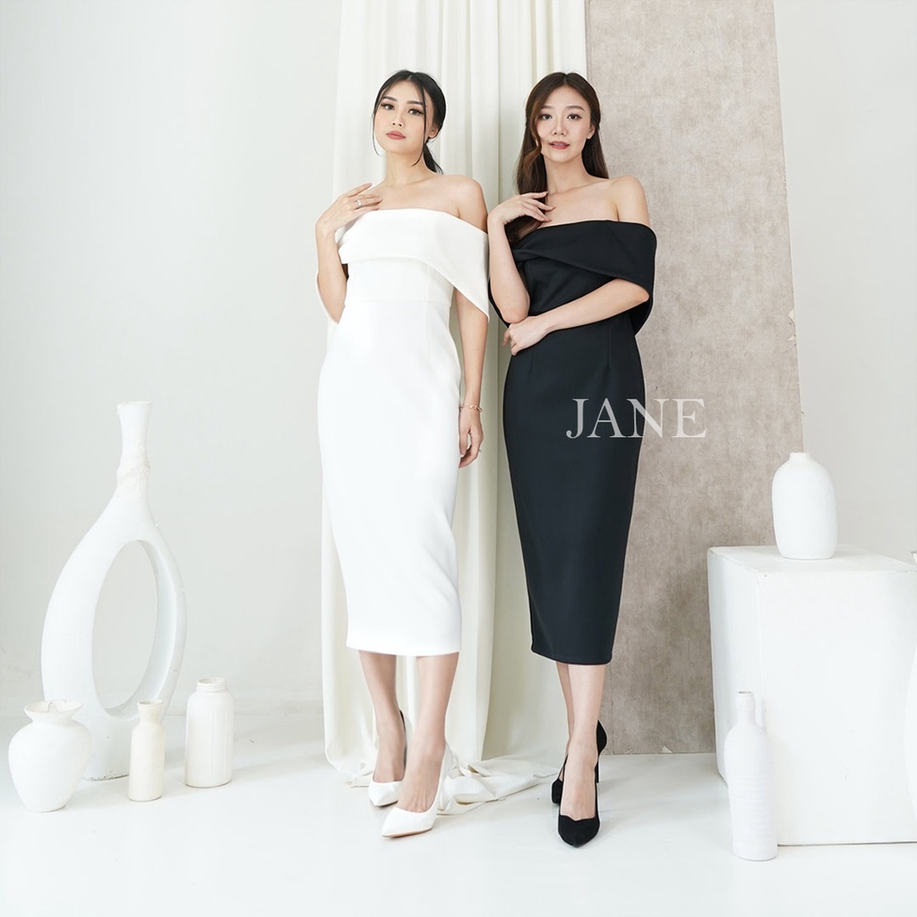 JANE COLLECTION || Midi Dress Pesta Hitam Sabrina Rok Pencil Party Putih Dusty Pink Polos Casual Korea Dress Gyoza