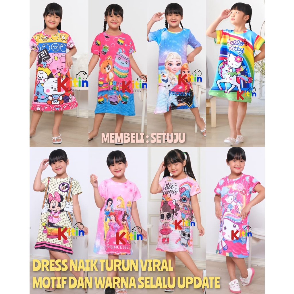 KITIN - DRESS VIRAL NAIK TURUN DASTER ANAK UKURAN 4-11 TAHUN MOTIF FULL PRINTING BOBA BUBBLE HELLO K
