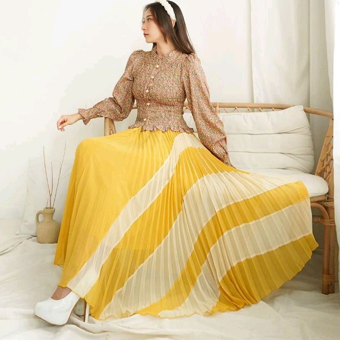 A1584 Set2in1 Setelan baju atasan blouse smocked smock set rok plisket panjang Korea Korean style wa