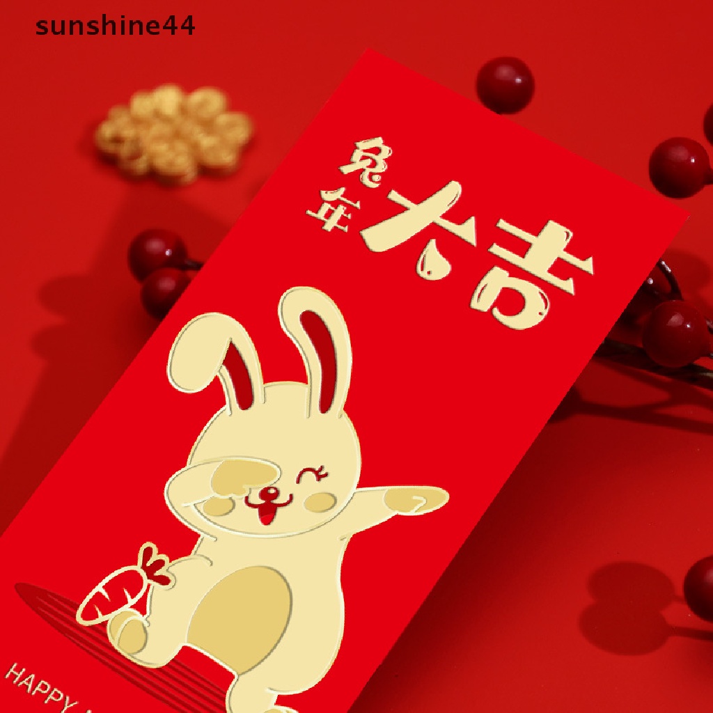 Sunshine 6Pcs Amplop Angpao Merah Motif Kelinci Untuk Tahun Baru Cina / Imlek 2023