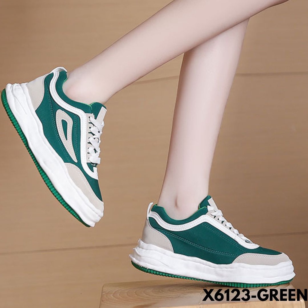 SEPATU SNEAKERS WANITA BERTALI MINIMALIS SIMPLE TRENDING CANTIK KEREN BAHAN KAIN COMBI PU IMPORT 6123