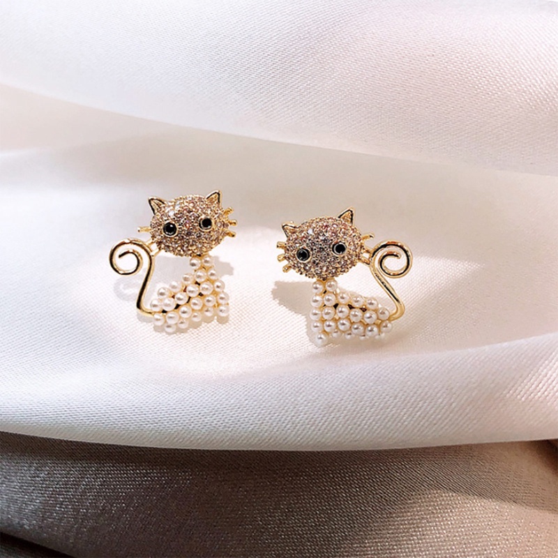 Fancyqube Anting Stud Desain Hewan Kucing Kuda Burung Aksen Mutiara Berlian Imitasi Untuk Wanita