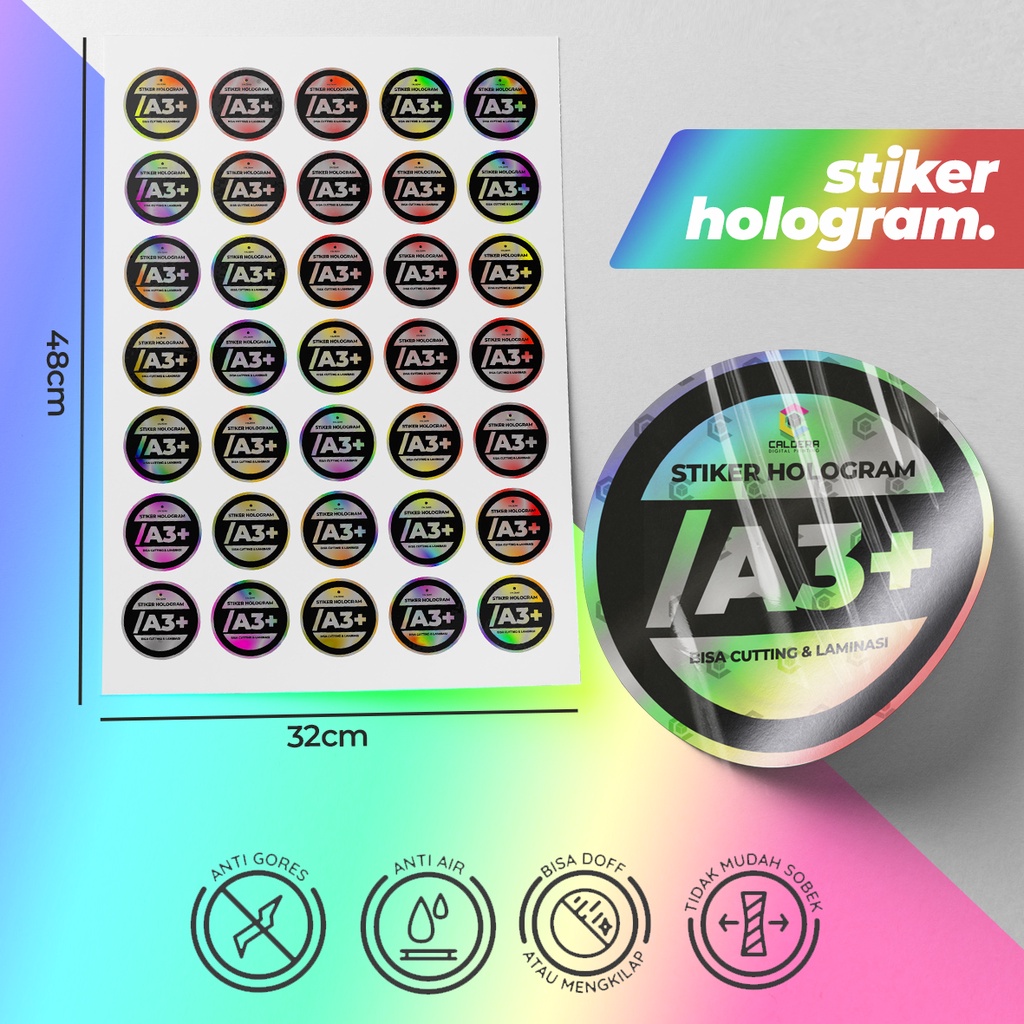 

Cetak / Print Stiker Label Hologram Custom per A3+ bisa Kiss Cut & Laminasi - Custom Sticker Print - CALDERA DIGITAL PRINTING