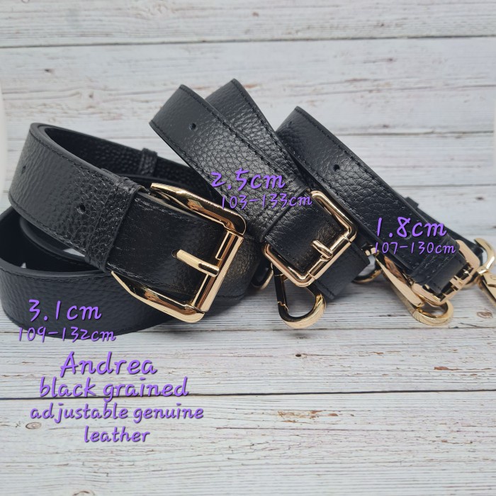 Andrea Black Grained Leather adjustable series bag strap / tali tas kulit lebar