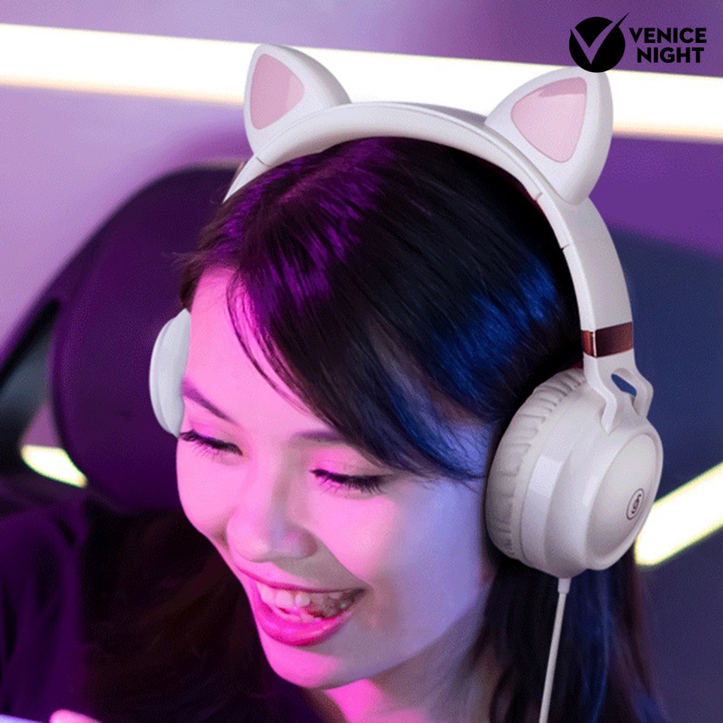 (VNEP) (Berkabel) EP28 Headphone Mega Bass Foldable Cats Ear Shape 3.5mm Headset Gaming untuk Kelas Online