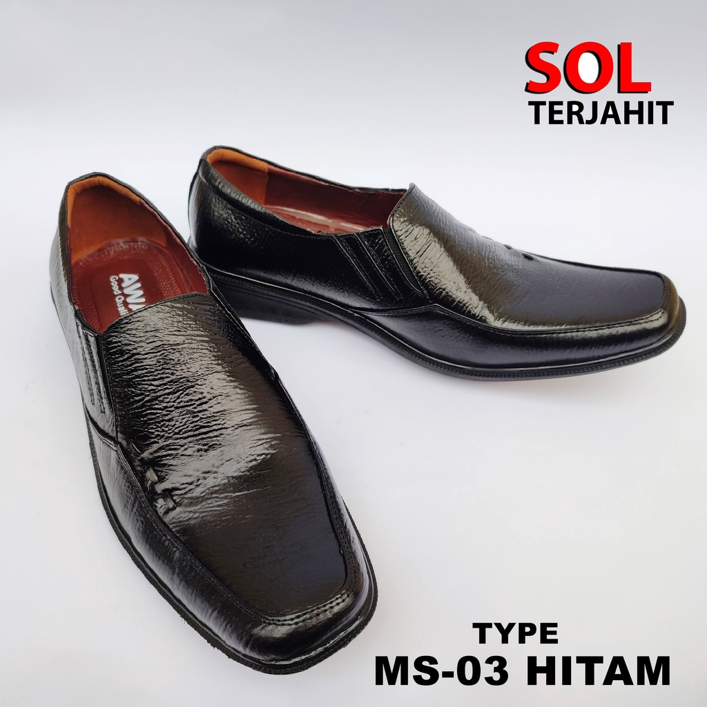 Sepatu Pantofel Hitam Pria Kulit Asli SOL KARET Terjahit Kuat Lentur &amp; Tidak Licin