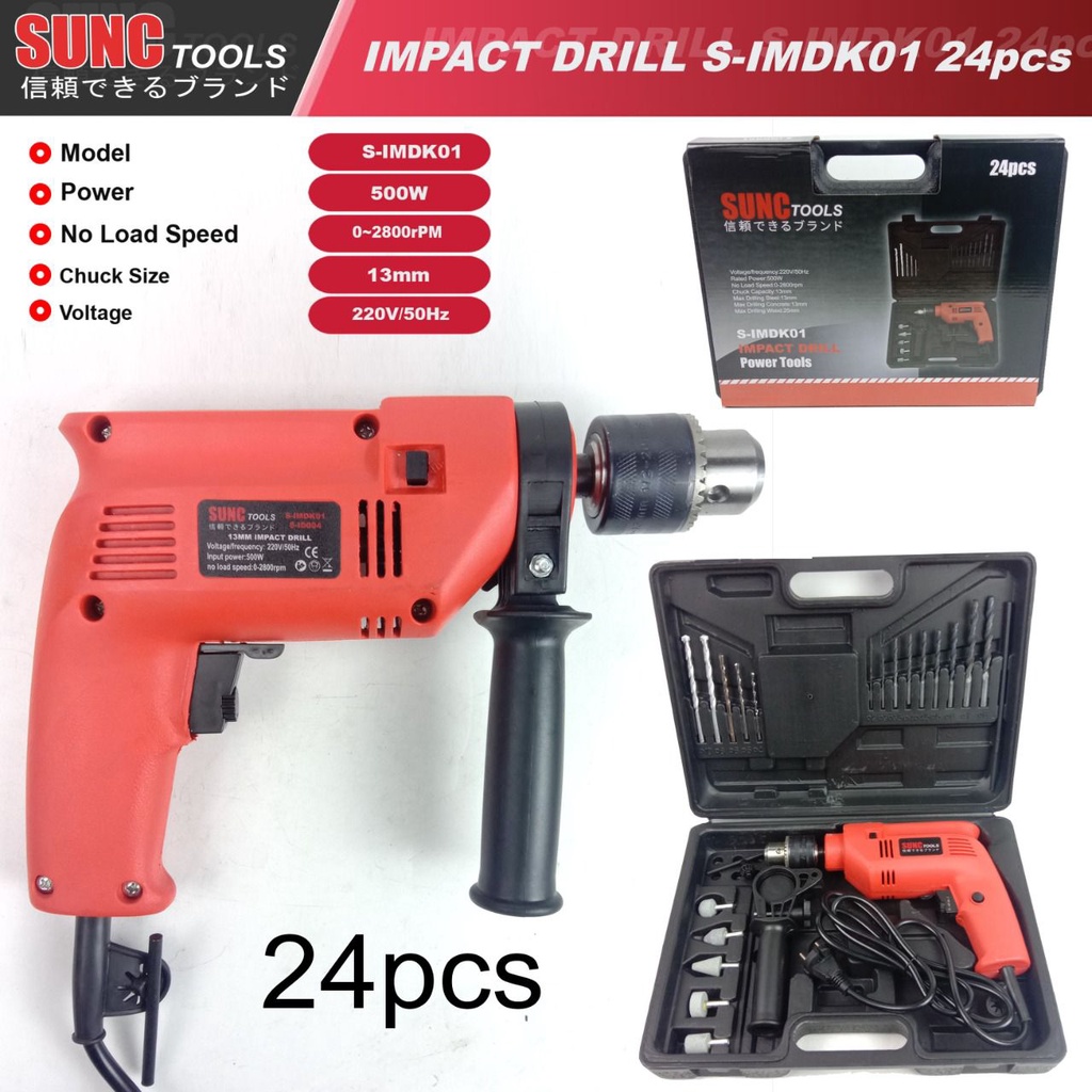 Mesin Bor Listrik Set Sunc Tools 13mm Impact Drill Box Set 24 Pcs Komplit