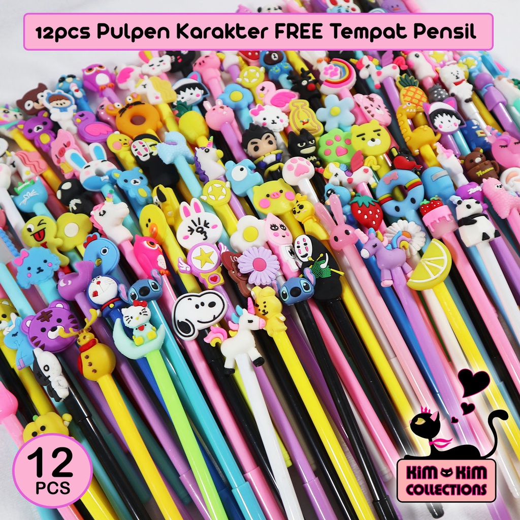 

1 Lusin Pulpen Gel Bolpoin Karakter Kartun Lucu FREE GIFT Tempat Pensil Zipper Pouch Bening Transparan - Kimkimshop