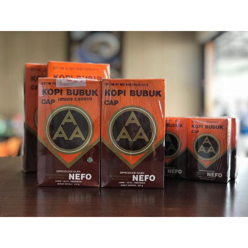 

KOPI MURNI BUBUK HITAM EXCELSA NIKMAT ASLI CAP AAA NEFO JAMBI 250 GR. KOPI BUBUK ARABIKA CAP NEFO AAA KHAS JAMBI 250 GR. KOPI AAA TIN 250 GR , KOPI AAA/KOPI JAMBI 250 GR, KOPI BUBUK HITAM JAMBI, KOPI HITAM JAMBI. KOPI AAA BOX/KOTAK 250 GR