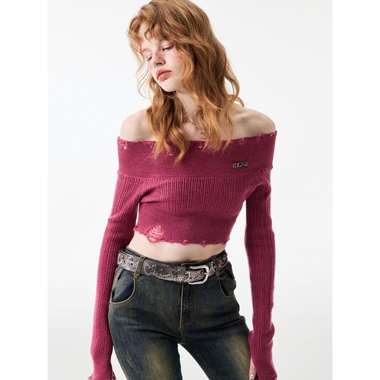 Suhao 1JINN STUDIO Ringan dan ramah kulit warna solid sweater tipis satu bahu robek rajutan atasan pendek trendi